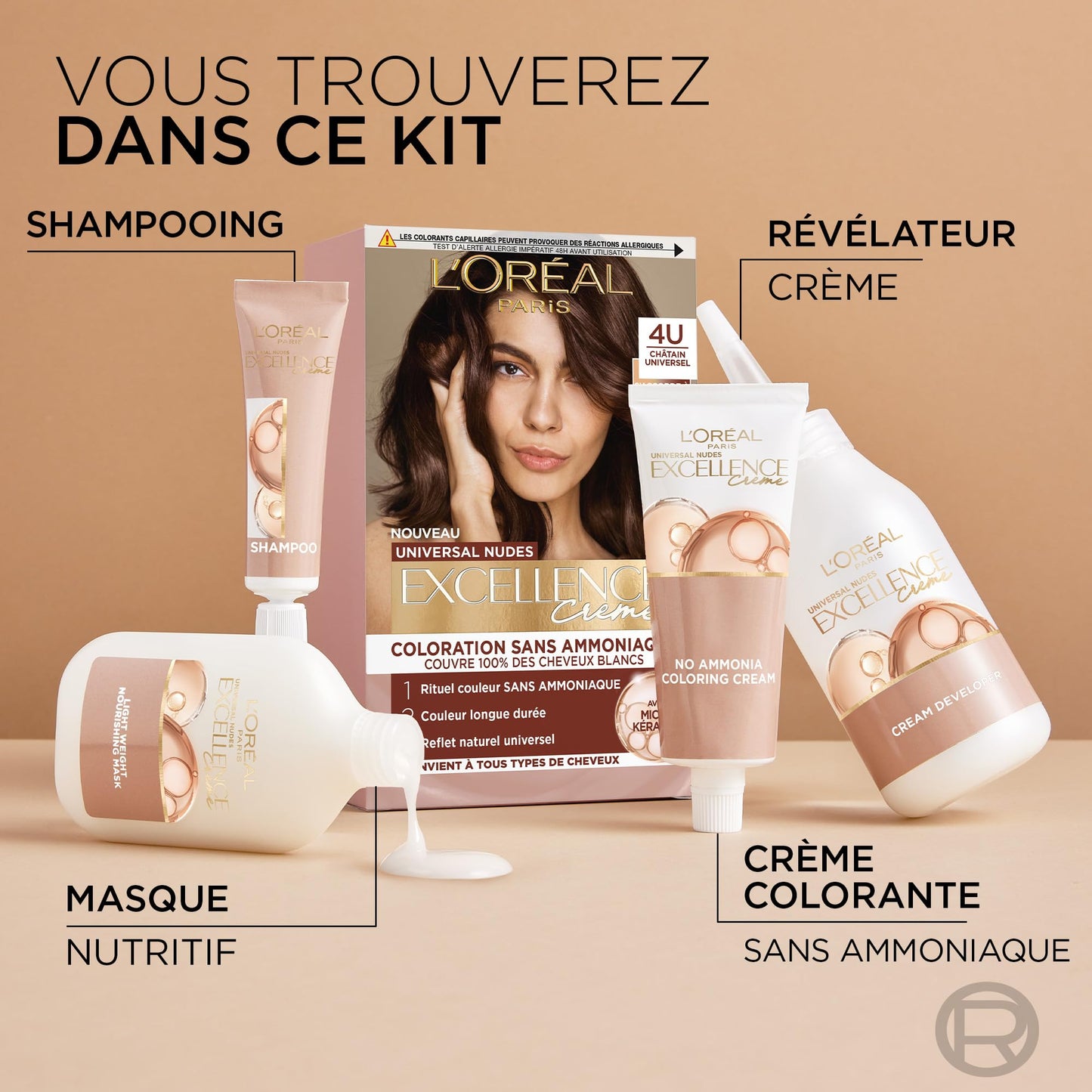 Mixa L'Oréal Paris - Permanent Hair Colour Kit - Ammonia Free - Covers 100% White Hair - Excellence Cream Universal Nudes - Shade : Universal Blonde (7)