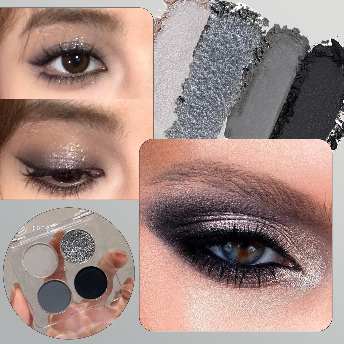 LYNTYAOU Black Gray Silver Smoky Eyeshadow Palettes Set, Goth Eye Shadow Shimmer Mate Palette, Cool Make-Up Palettes for Women Glitter Make up Set, Festival Eyeshadows 4 Colour Pigmented with Brush
