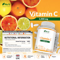 Vitamin C 1000mg - 180 Vegan Tablets - 6 Month Supply - High Strength Ascorbic Acid - Supports Immune System, Energy & Collagen Formation - Nu U Nutrition