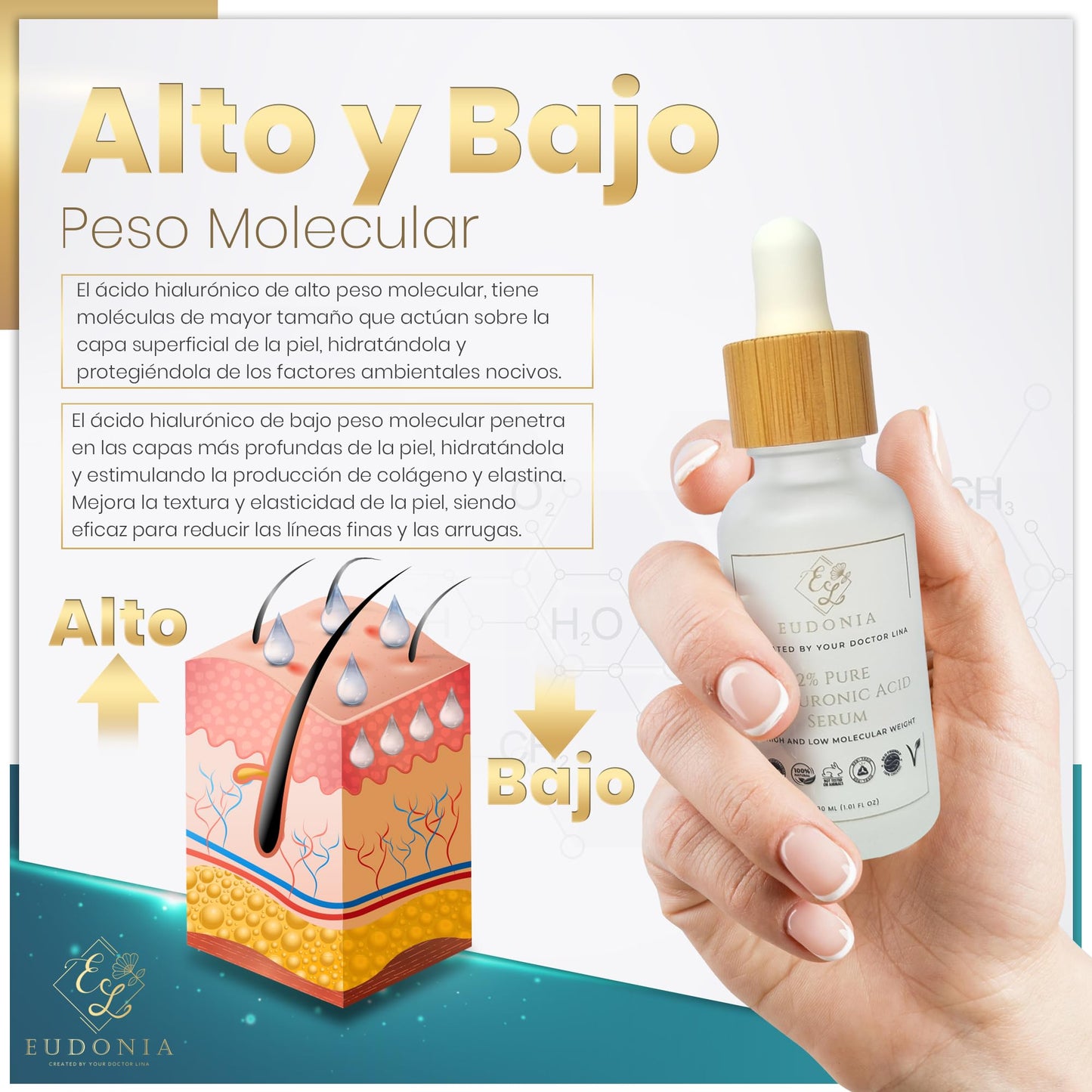 EL EUDONIA CREATED BY YOUR DOCTOR LINA EUDONIA 2% Pure Hyaluronic Acid Serum – High and Low Molecular Weight, Protects and Penetrates Deep into the Skin – Hydrates and Softens, Promotes Elasticity – Ecological, Paraben and Sulfate Free, 30