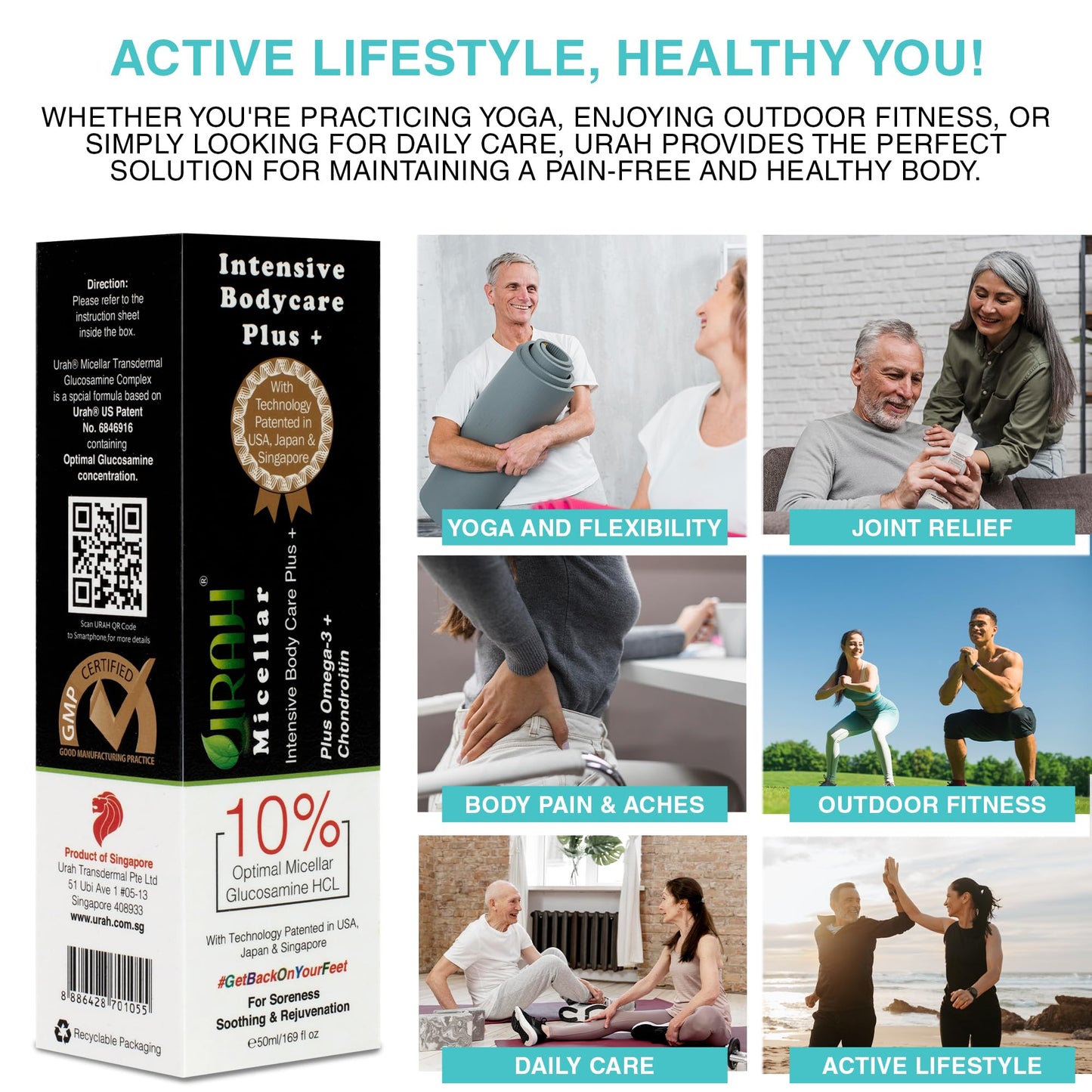 URAH Urah Intensive Bodycare Cream Micellar Glucosamine HCL Chondroitin Omega-3, Vitamin C, Non-Greasy Skin Hydration Formula Joint Care Mobility Muscle Recovery, No Residue Sensitive Skin (Twin Pack)