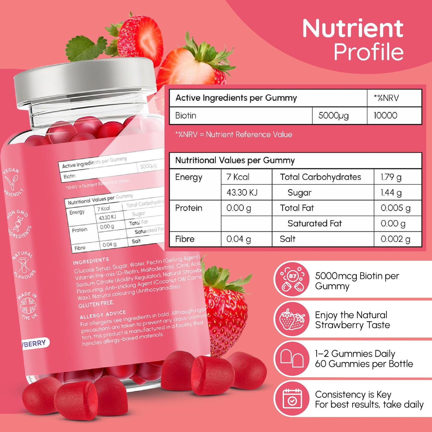 fmula+ Healthy Hair Biotin Gummies for Hair Growth | Hair, Skin and Nail Gummies | Vegan Biotin Supplement for Women | High Strength Biotin Hair Vitamins | Made in The UK - Double Value Pack (60 x 2)