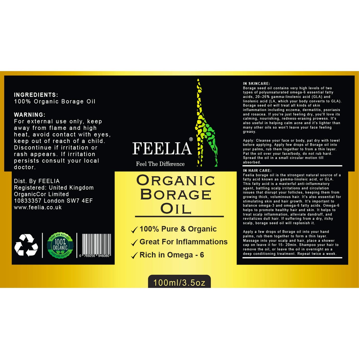 Feelia - Organic Borage Oil - Cold Pressed, Rich in Omega 6, Great for Inflammations, 100% Pure & Organic - 100ml