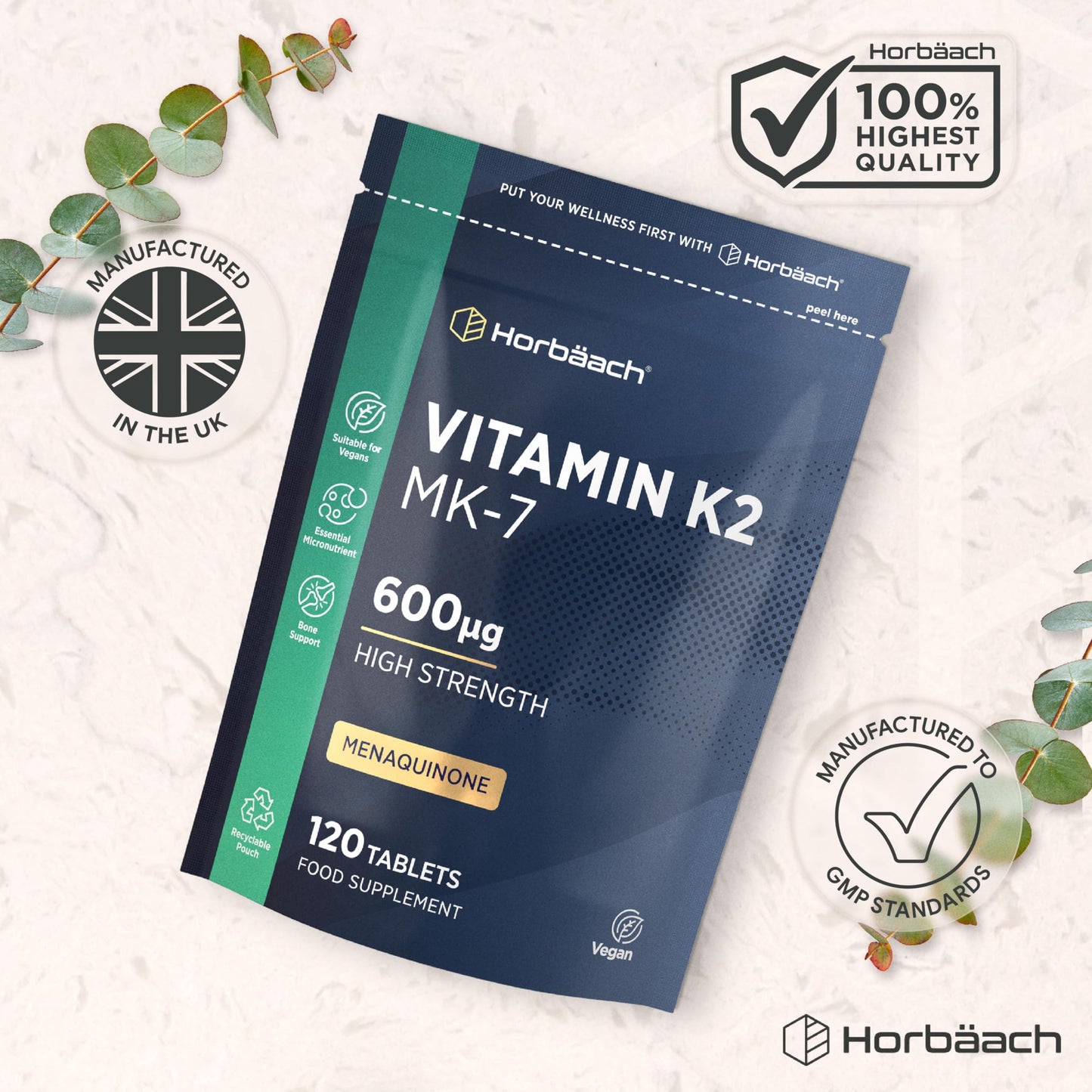 Horbäach Vitamin K2 MK7 High Strength 600mcg | 120 Tablets (Not Capsules) | Vitamin K2 Menaquinone MK-7 Supplement | Bioavailable Formula for Men & Women | Suitable for Vegans | By Horbaach