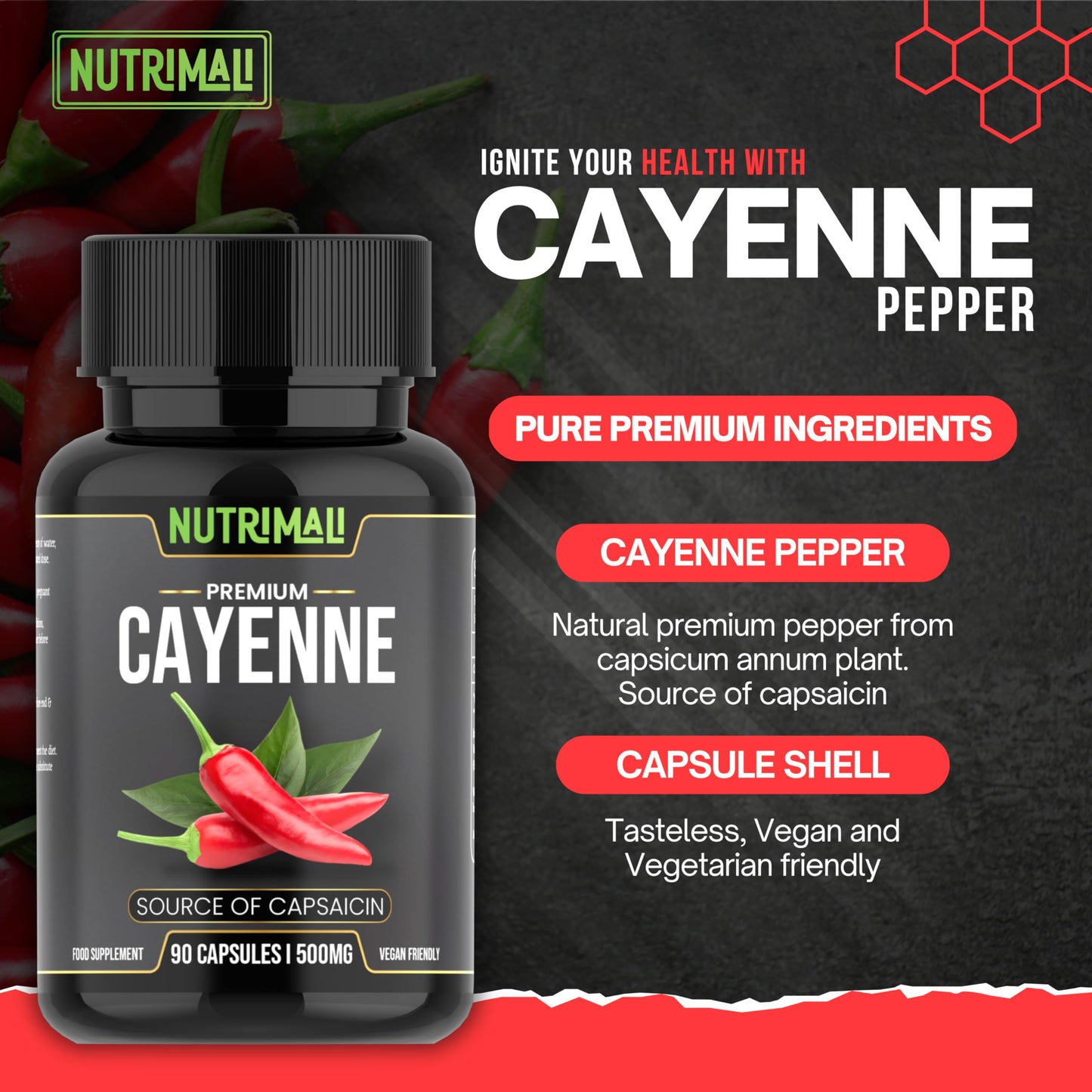 Cayenne Pepper Capsules - 90 Organic Capsules | High Strength Up to 1500mg | Natural Herbal Supplement | Zero Fillers 100% Natural & Vegan Friendly | by NutriMali