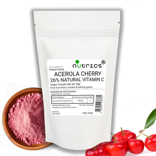 Nutrics® ACEROLA Cherry Extract 50g Powder 2 Months Supply Natural Vitamin C 100% Pure Freeze Dried Standardised 26% 44:1 Extract Ratio Strong Safe & Effective