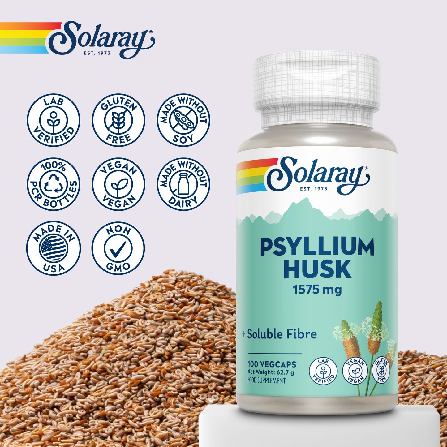 SOLARAY Psyllium Husk - 100 Vegan Capsules not Powder - Fibre Supplement - Natural Soluble Fiber from Plantago Ovata - High Strength Physillan Husk - Lab Verified - Solaray