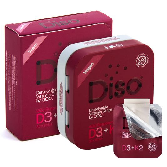 OQO Diso Vitamin D3 K2 - (Pack of 2) 60 Oral Dissolvable Strips, Vitamin D3 (10mcg) and K2 (75mcg), High Strength Bone Health Supplement with Fast Absorption Calcium, Gluten Free (Raspberry)