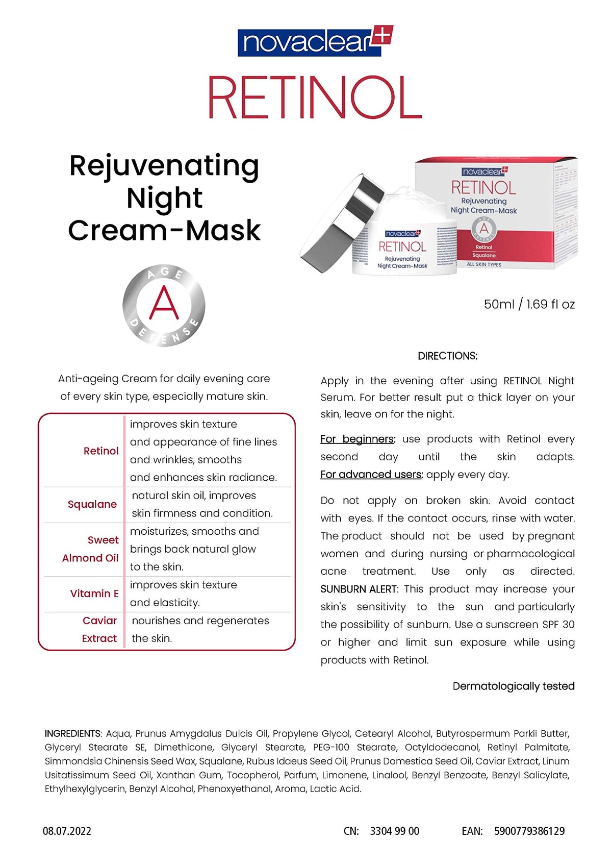 Novaclear Retinol Night Cream Mask with Retinol, Squalane, Caviar Extract and Vitamin E for Deep Nourishment, Firmness and Radiance Boost for Mature Skin - 50 ML