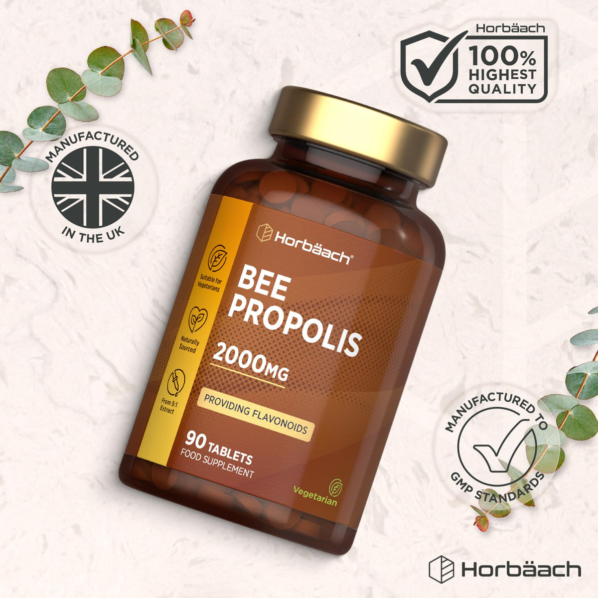 Horbäach Bee Propolis Extract 2000mg | Flavonoids Propolis Supplement | High Strength 5:1 Extract | 90 Vegetarian Tablets (Not Capsules) | by Horbaach
