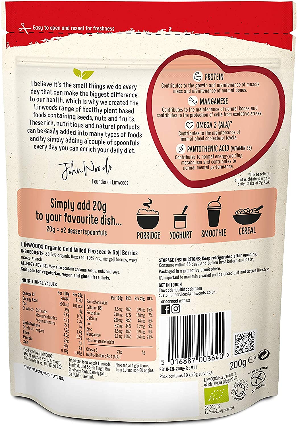 Linwoods (Pack Of 10) - Sun Dried Goji Organic Milled Flaxseed | LINWOODS