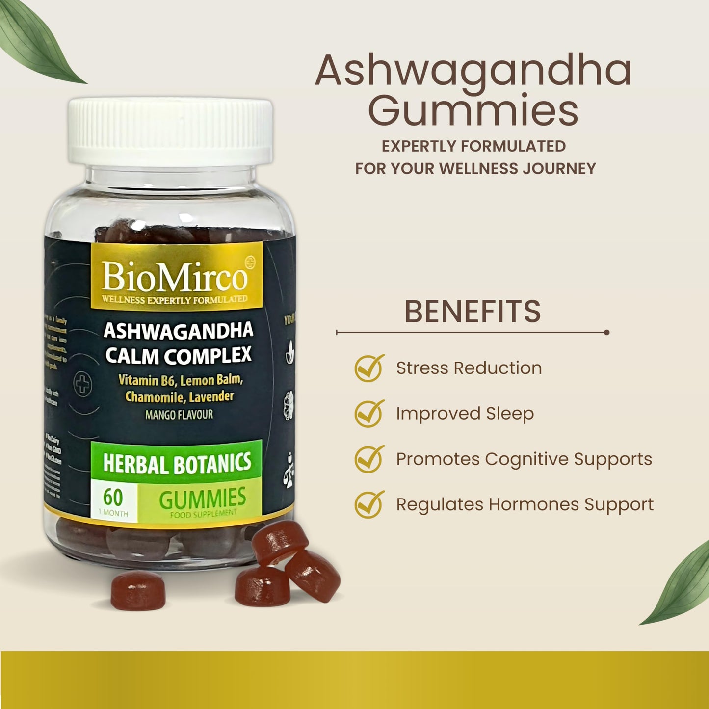 Ashwagandha Calm Complex, 60 Gummies – 1 Month Supply, Mango Flavour and Great Tasting, Natural Harmony Gummies for Stress Relief, Emotional Balance and Mood Support, Vegan & Gluten-Free