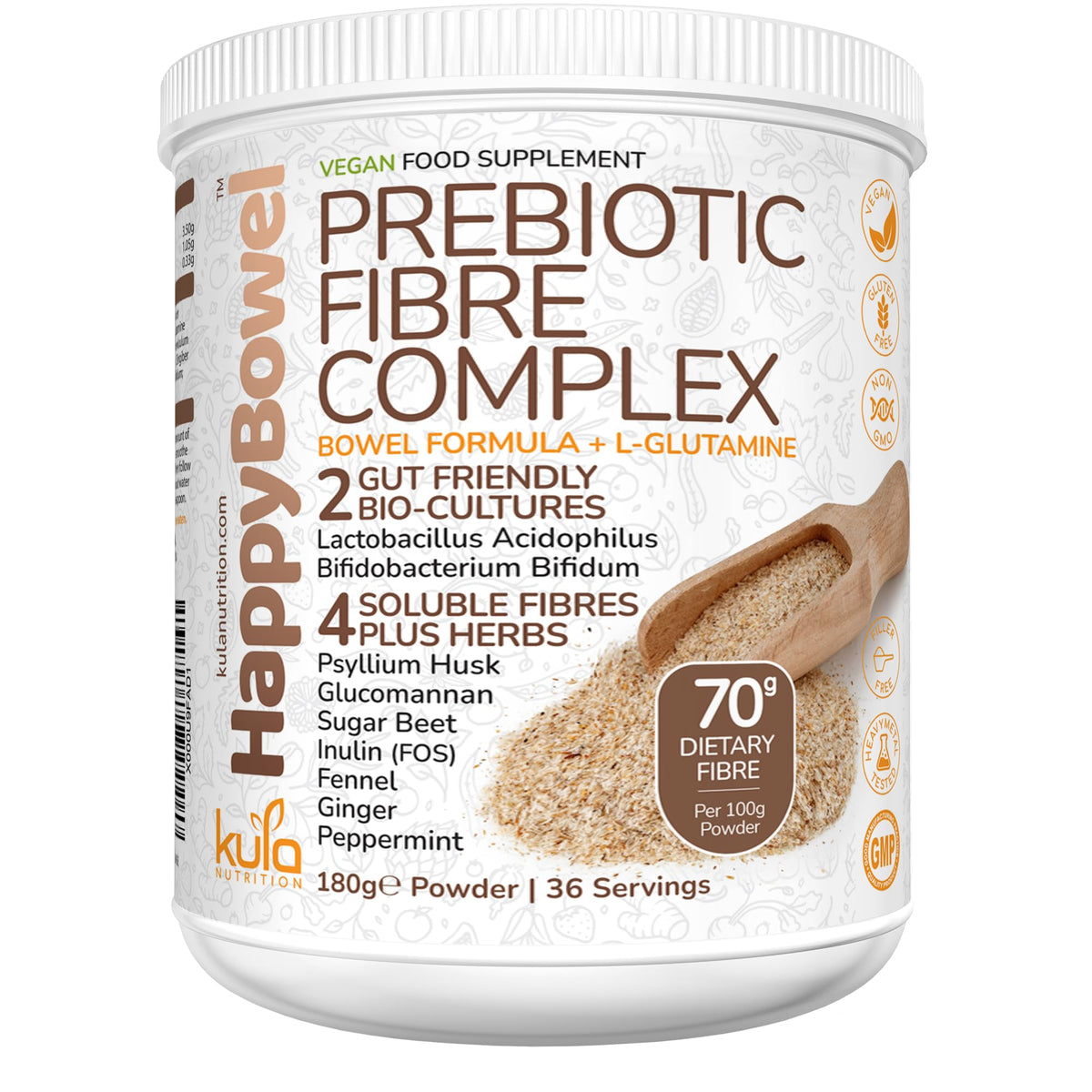 Kula Nutrition HappyBowel - Soluble Fibre Supplement - Dietary Fibre Powder - Psyllium Husk, Inulin FOS, Glucomannan, Beet, L-Glutamine, Peppermint, Prebiotics and Probiotics for Gut Health - Mix with Water - 180g