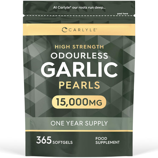 Odourless Garlic Capsules 15000mg | 365 Count | High Strength Garlic Oil | One Year Supply | No Artificial Preservatives | by Carlyle