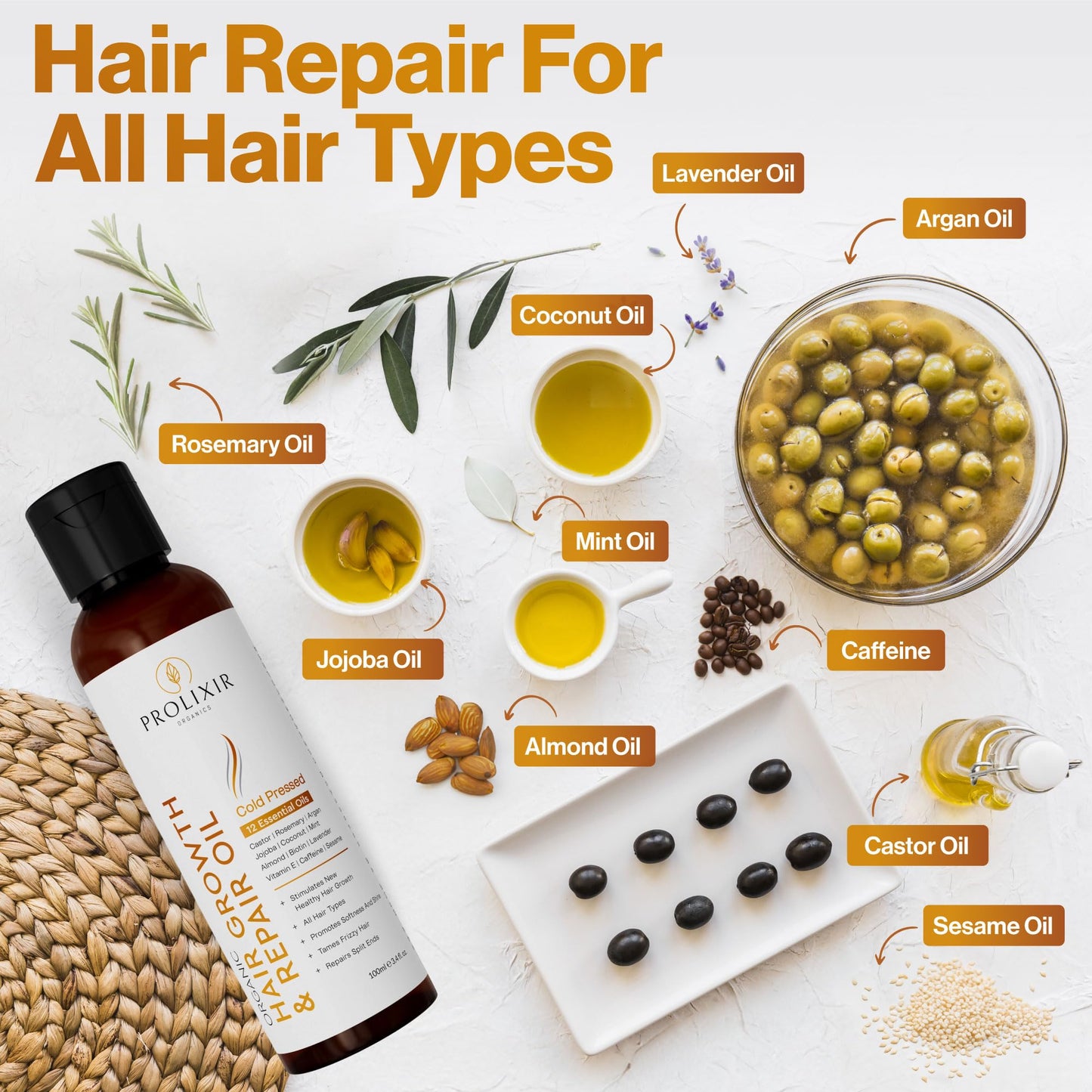 Organic Castor Oil with Rosemary, Argan, Jojoba, Almond & Coconut Oil - Natural Hair Loss Treatment