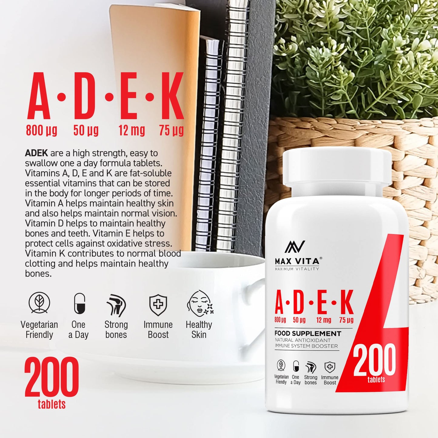 ADEK Vitamin A D3 2000IU K2 (MK-7) 75mcg UK Made & Vegetarian Supplement for Strong Bones, Teeth, Skin, Nails Immune System Antioxidant 200 Tablets