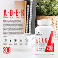 ADEK Vitamin A D3 2000IU K2 (MK-7) 75mcg UK Made & Vegetarian Supplement for Strong Bones, Teeth, Skin, Nails Immune System Antioxidant 200 Tablets