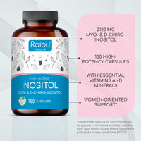 Myo Inostiol & D Chiro Inositol Supplement 150 Capsules - PCOS & Hormonal Balance Support - Enriched with Folic Acid, Vitamin B6 & Chromium - High Strength Vegan Capsules from Raibu
