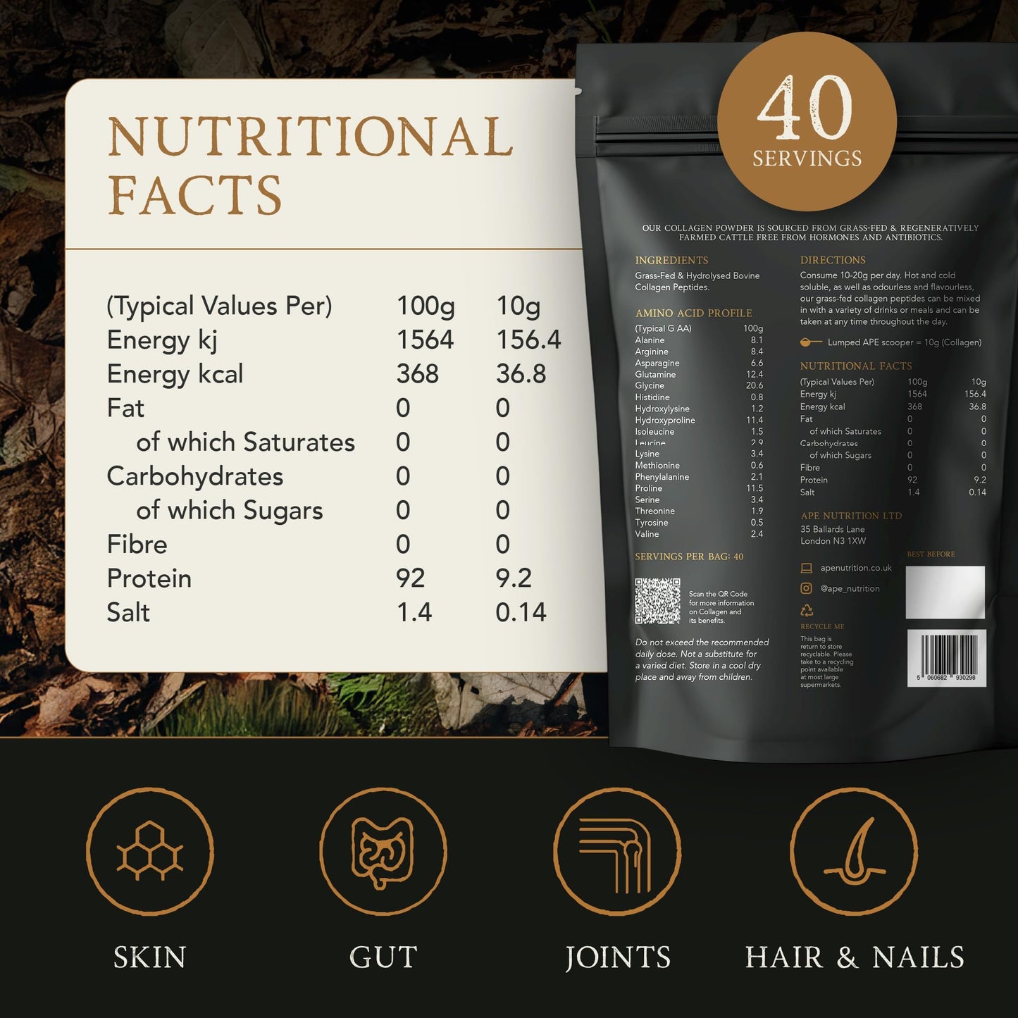 A | P | E APE Nutrition Collagen Powder Peptides 400g | 100% Grass-Fed Unflavoured Bovine | 40 Servings | Type 1 & 3 Ancestral High Protein Premium Supplement | for Women & Men Hair, Skin, Muscle & Nail Health