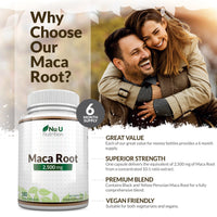 Nu U Nutrition - Maca Root Capsules 2500mg - 250mg of Maca Root per Capsule - 180 Vegan Capsules - 6 Month Supply - Maca Root Extract Supplement for Men & Women - Made in The UK