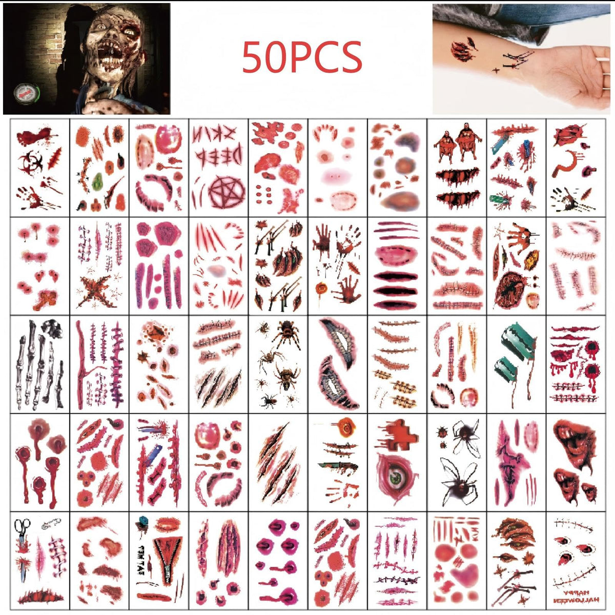 Hdwnand 50PCS Temporary Tattoo for Halloween Simulated Scar Tattoo Sticker