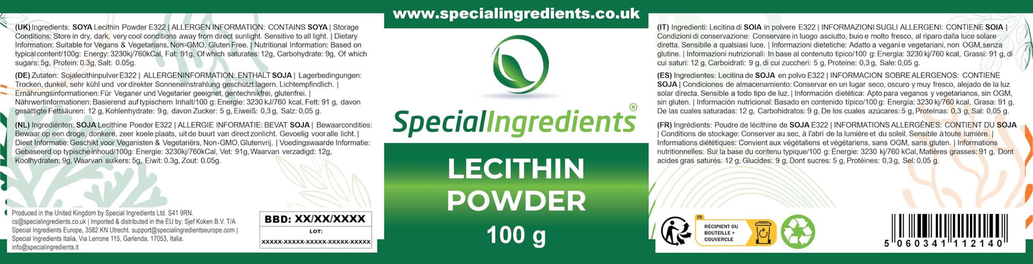 SPECIAL INGREDIENTS Lecithin Powder 100g Premium Quality - Suitable for Vegan, Non-GMO, Gluten Free – Recyclable Container