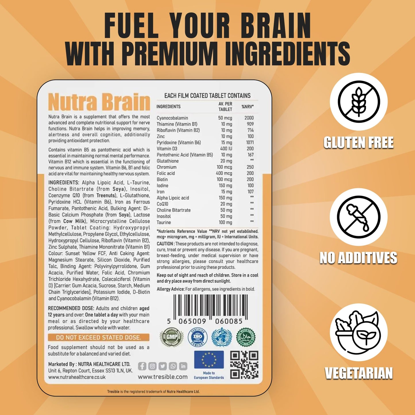 Tresible Trèsible Nutra Brain (Pack of 3) Memory Supplement for Brain Tablets - Mens Multivitamin for all adults Iron, & Iodine for Brain Health, Immune System, & Joint Health, Brain Supplement, 12-Week Supply