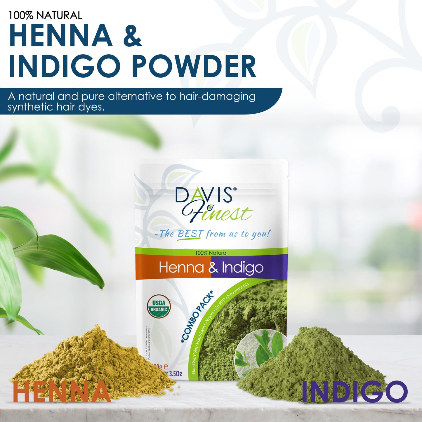 Davis Finest - Henna & Indigo Powder - 200g Combo Pack (100g Each) - 100% Organic Hair & Beard Dye - Natural Colouring for Men & Women - Softening, Thickening & Volumising - PPD-Free & Vega