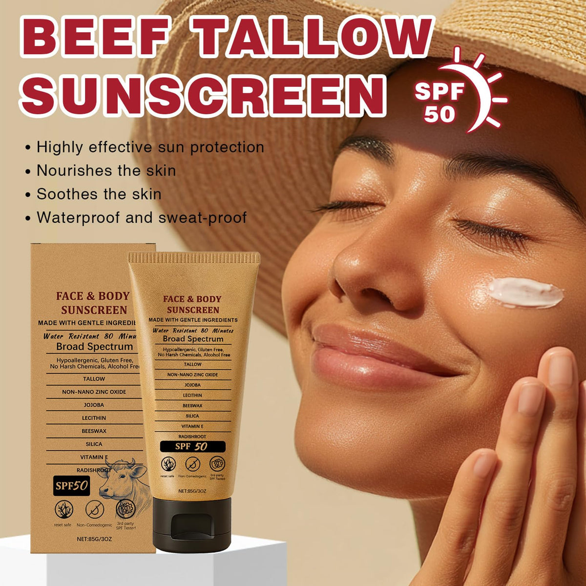 ISBEAUSOLS Non Nano Zinc Oxide Tallow Sunscreen - SPF50 Beef Tallow Skin Care - Safest Organic Beef Tallow Moisturiser & Nano Zinc Oxide Sunscreen - Tallow And Honey Balm - Natural Sun Cream UVA/UVB Protection