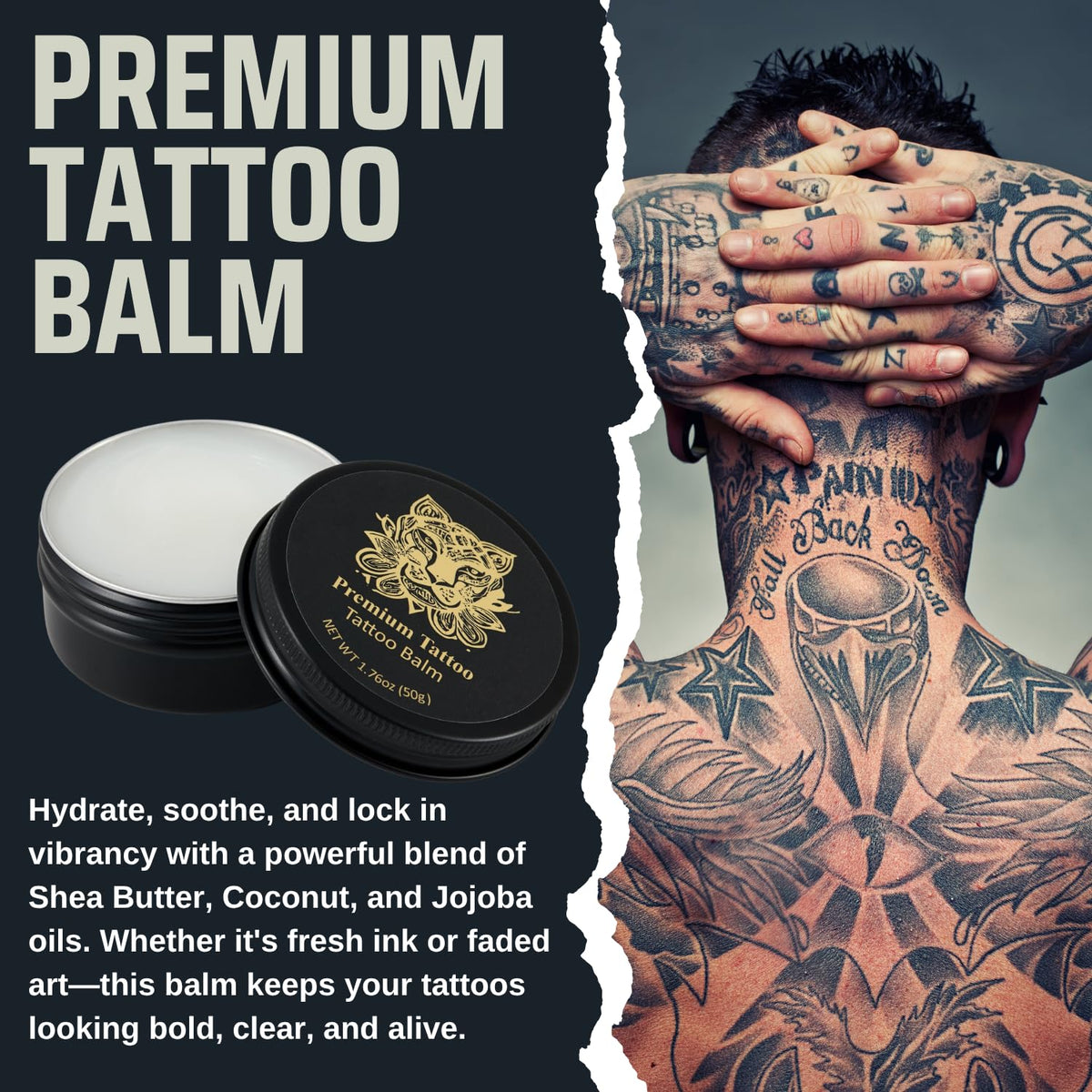 Premium Tattoo® Balm 50g – Tattoo Aftercare Balm for New & Old Tattoos – Soothing Tattoo Moisturiser with Shea Butter, Jojoba, Coconut & Vitamin B5- Vegan Tattoo Butter for Bright, Healthy-Looking Ink