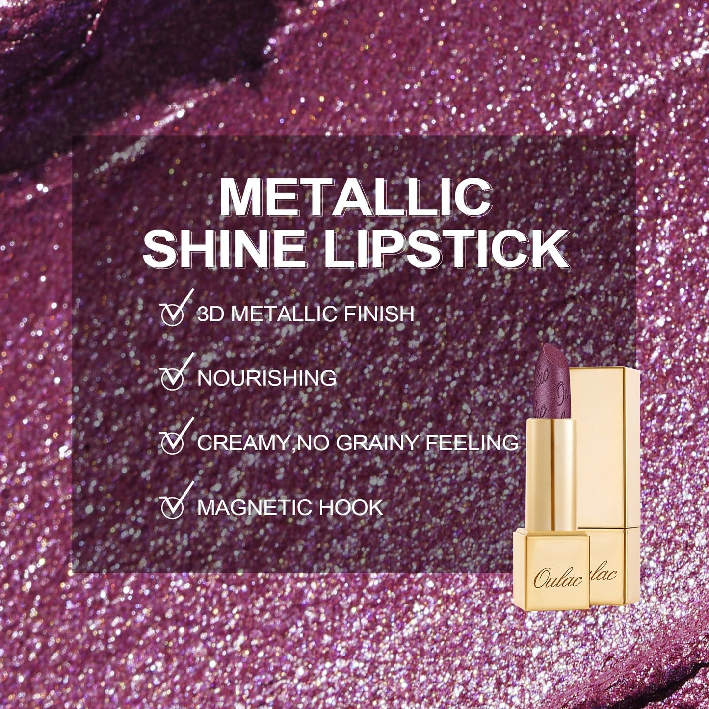 Oulac OULAC Metallic Shine Glitter Lipstick, Purple High Impact Lipcolor, Lightweight Soft and Ultra Hydrating, Long Lasting, Vegan & Cruelty-Free, Full-Coverage 4.3 g/0.15 22 Virtual Violet
