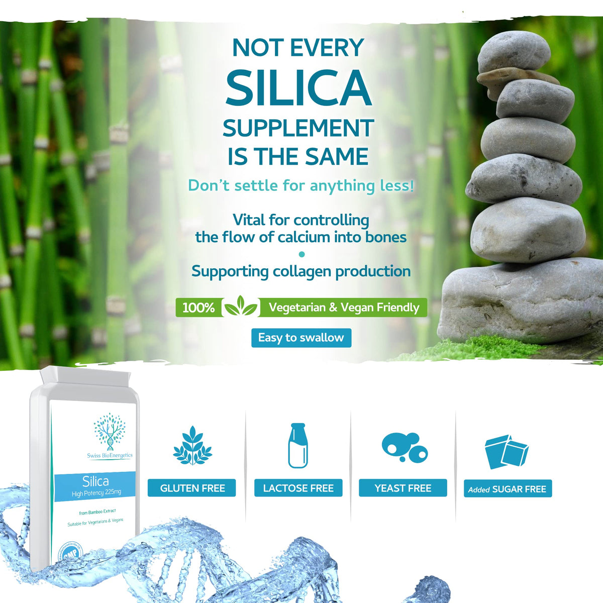 swiss bioenergetics Silica 225mg - A Potent Highly Bioavailable Form - Naturally Sourced from Bamboo Extract - 90 One-A-Day Vegan Capsules – Exclusively Manufactured in The UK