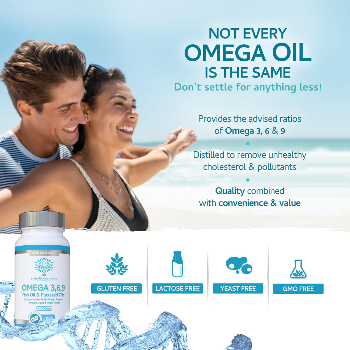 swiss bioenergetics Omega Balanced 3, 6 & 9 Fish Oil 1000mg, 90 Capsules - High Strength EPA & DHA Formula derived from Fish & Flaxseed Oil with Added Vitamin E in Easy to Swallow Soft Gel Capsules