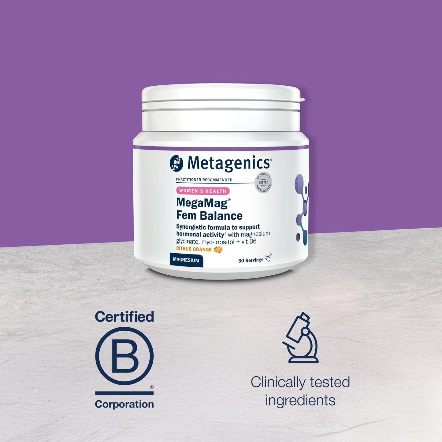 Metagenics - MegaMag Fem Balance Magnesium Glycinate Powder - with Vitamin B6, Calcium and Vitamin C - Female Health & Hormone Regulation - Citrus Orange, 30 Servings