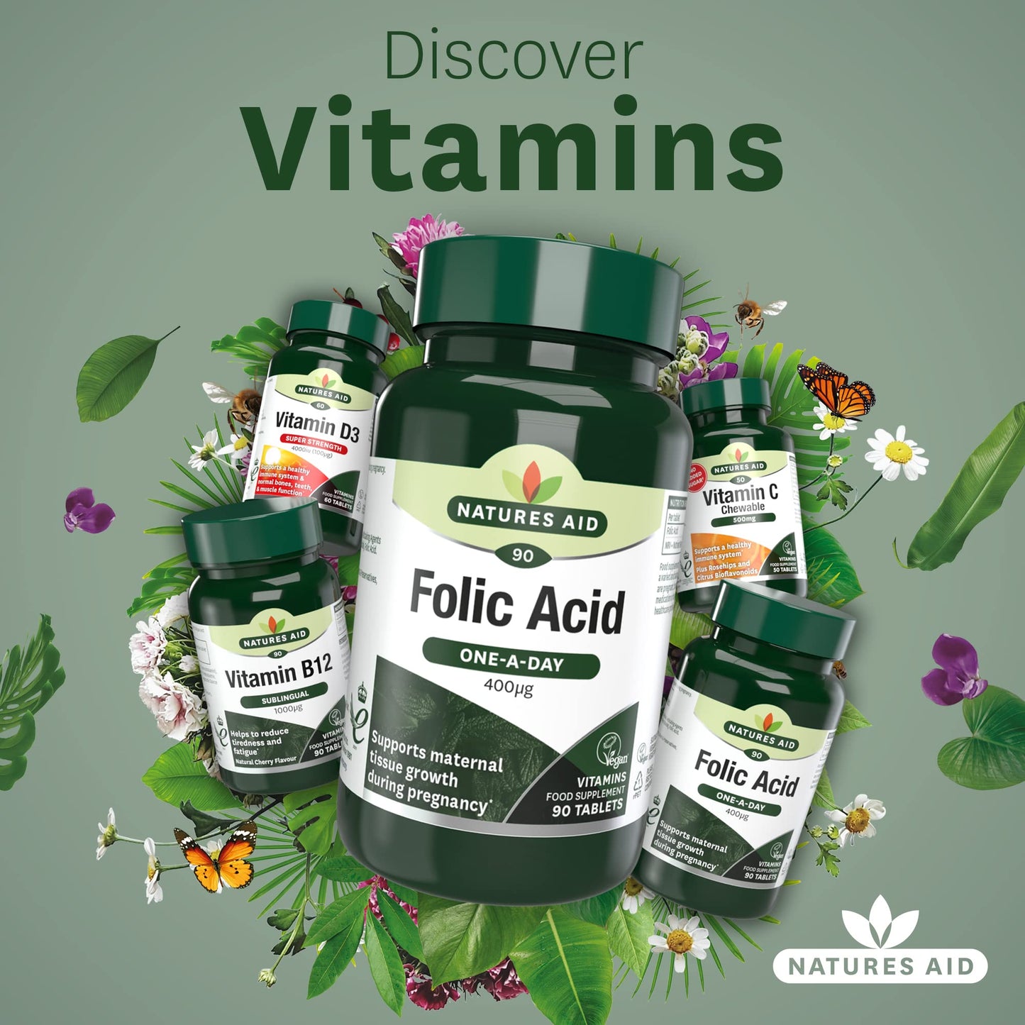 Natures Aid Folic Acid 400mcg – Supports Prenatal Health, Red Blood Cell Formation, DNA Synthesis – Vegan, Non-GMO, Gluten-Free – High Potency Natural Supplement – 90 Tablets