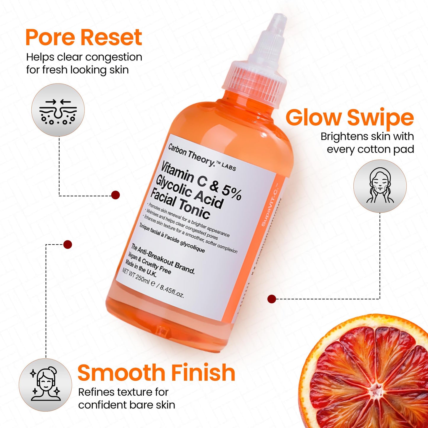 Carbon Theory Vitamin C and 5% Glycolic Acid Face Toner for Tired Dull Looking Skin, Minimises and Clears Congested Pores and Helps Improve Skin Texture and Tone 250ml