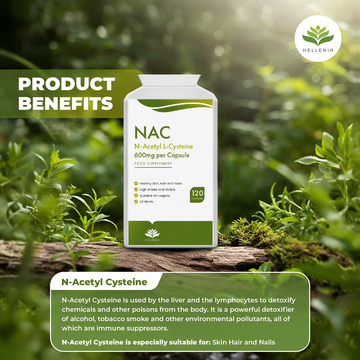 NAC N-Acetyl-Cysteine 600mg | 120 Vegan Capsules | NAC Supplement | Vegan NAC Supplement | High Strength & High Bioavailability - Manufactured in the UK by Hellenia