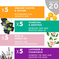 Pack of 20 Happy Skin Sheet Face Masks for all Skin Types | Over 1 Million Sold | x5 Detoxifying Charcoal | x5 Brightening Rose & Green Tea | x5 Lavender & Chamomile | x5 Vitamin C Orange & Ginger