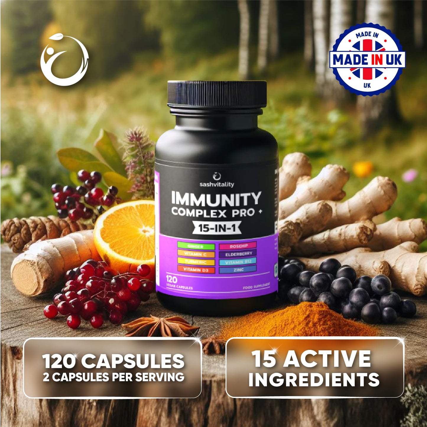 SASH Vitality Sash Vitality Immunity Complex Pro+ Immune System Booster with Vitamin D3 - High Strength Immune Support Supplements Immune System Vitamins Zinc, Elderberry, B12, C, Turmeric & More-120 Vegan Capsules