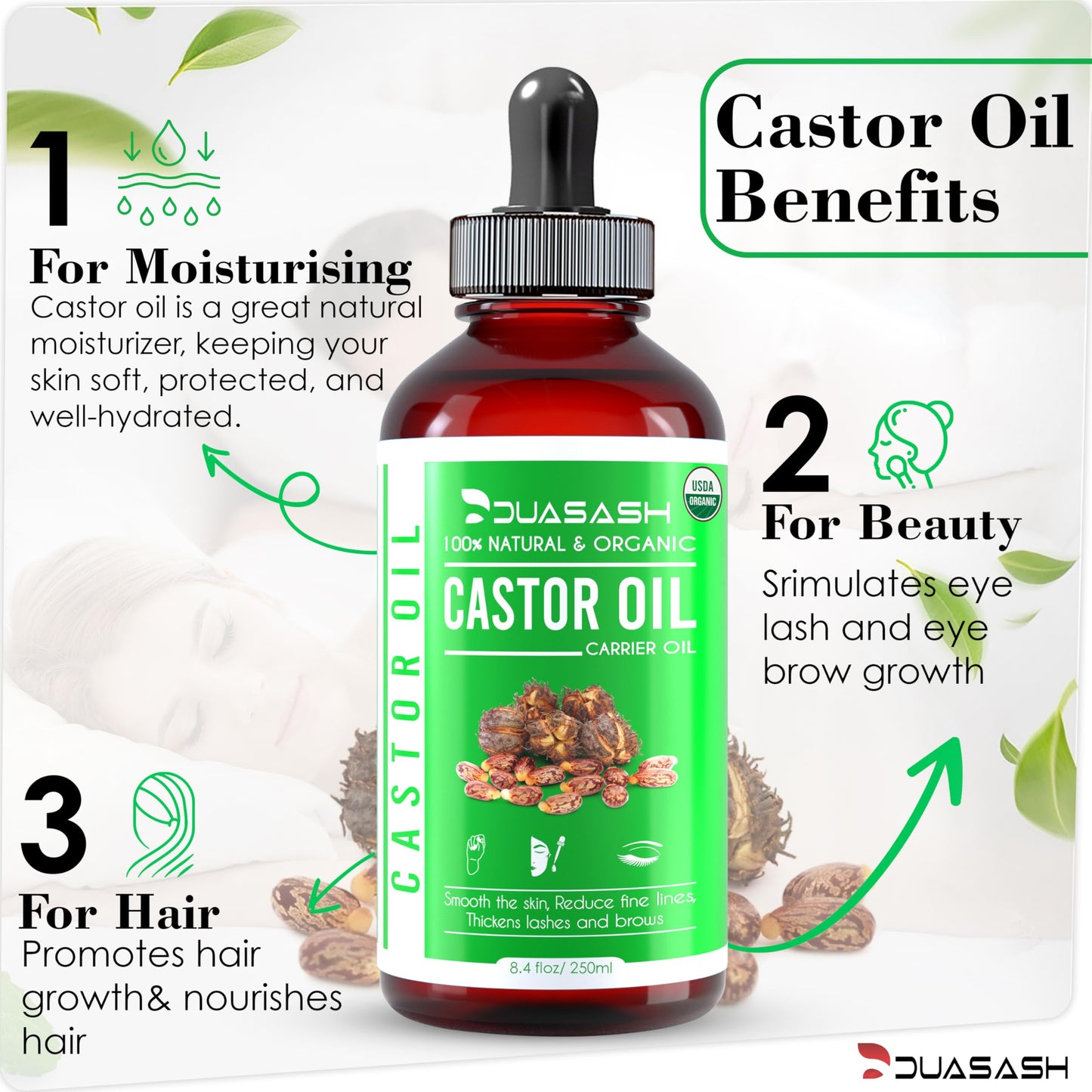 DUASASH Duasash Organic Castor Oil for Eyelashes and Eyebrows 250ml Cold Pressed Castor Oil for Hair Growth Undiluted Hexane Free 100% Natural and Pure Castor Oil for Skin with Brushes For Hair, Beard, Nails