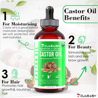 DUASASH Duasash Organic Castor Oil for Eyelashes and Eyebrows 250ml Cold Pressed Castor Oil for Hair Growth Undiluted Hexane Free 100% Natural and Pure Castor Oil for Skin with Brushes For Hair, Beard, Nails