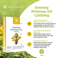 Healthspan Evening Primrose Oil | Support Women's Health | Helps Maintain Hormonal Balance | Rich Source of Omega 6 Fatty Acids | Added Vitamin E | Vegan (180 Capsules, 1,000mg)