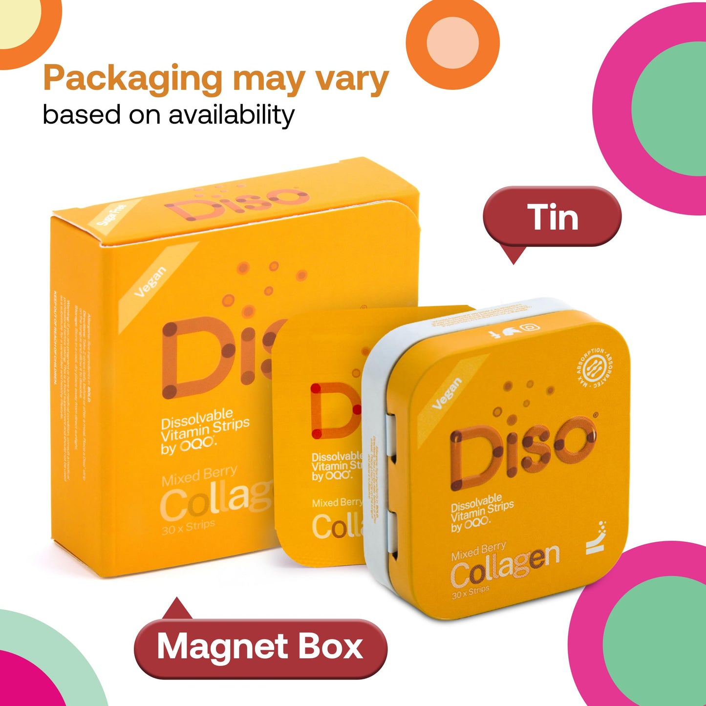 OQO Diso Collagen Supplements for Women & Men with Biotin (1000mcg), Box of 30 Oral Dissolvable Strips for Fast Absorption Skin Care, Joint Support, Sugar-Free, (Mixed Berry Flavour)