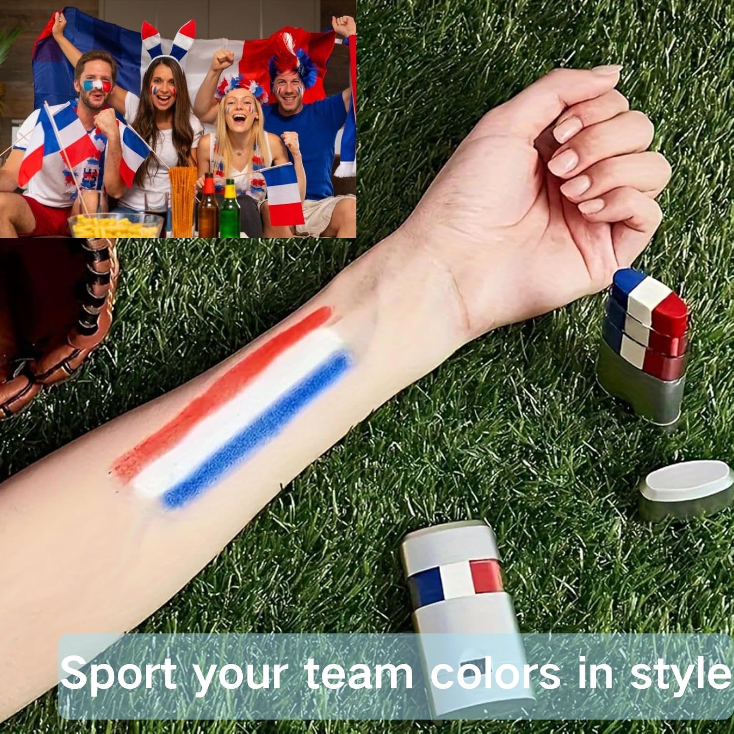 SHEBEEDO 2PCS 3 In 1 Face Body Paint Set, Red Blue White 3 Colors Face Paint Wheel and Stick for SFX Effects Makeup Face Painting Kit, Non Toxic Body Paint for Vampire Halloween Clown Football Fans