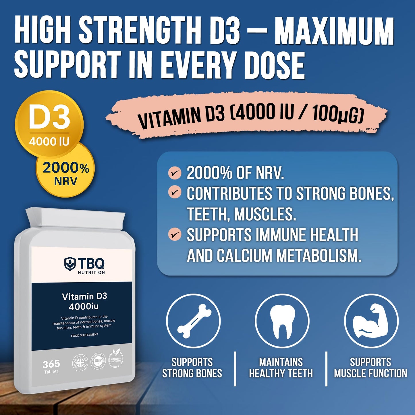 TBQ Nutrition Vitamin D3 4000IU – 365 Tablets | High Strength 100µg Cholecalciferol | Supports Bones, Muscles, Teeth & Immune Function | One Year Supply | UK Made | Vegetarian Supplement