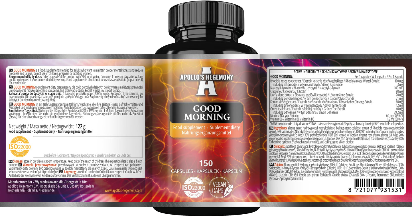 APOLLO'S HEGEMONY Good Morning - 150 Vegan Capsules - Natural Extract Blend - 3-Month Supply - Enhanced Mental and Physical Support - by Apollo's Hegemony