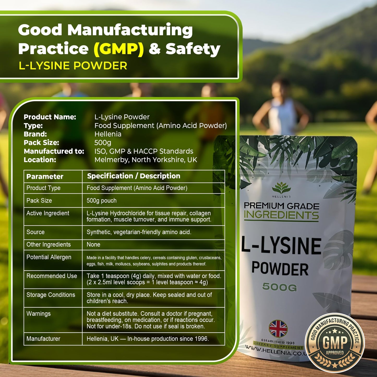 L-Lysine Powder - 500g - Premium Grade Ingredients | Essential Amino Acid for Fitness | Premium Amino Acid Lysine - GMP Certified Product - Made for Hellenia