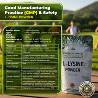 L-Lysine Powder - 500g - Premium Grade Ingredients | Essential Amino Acid for Fitness | Premium Amino Acid Lysine - GMP Certified Product - Made for Hellenia