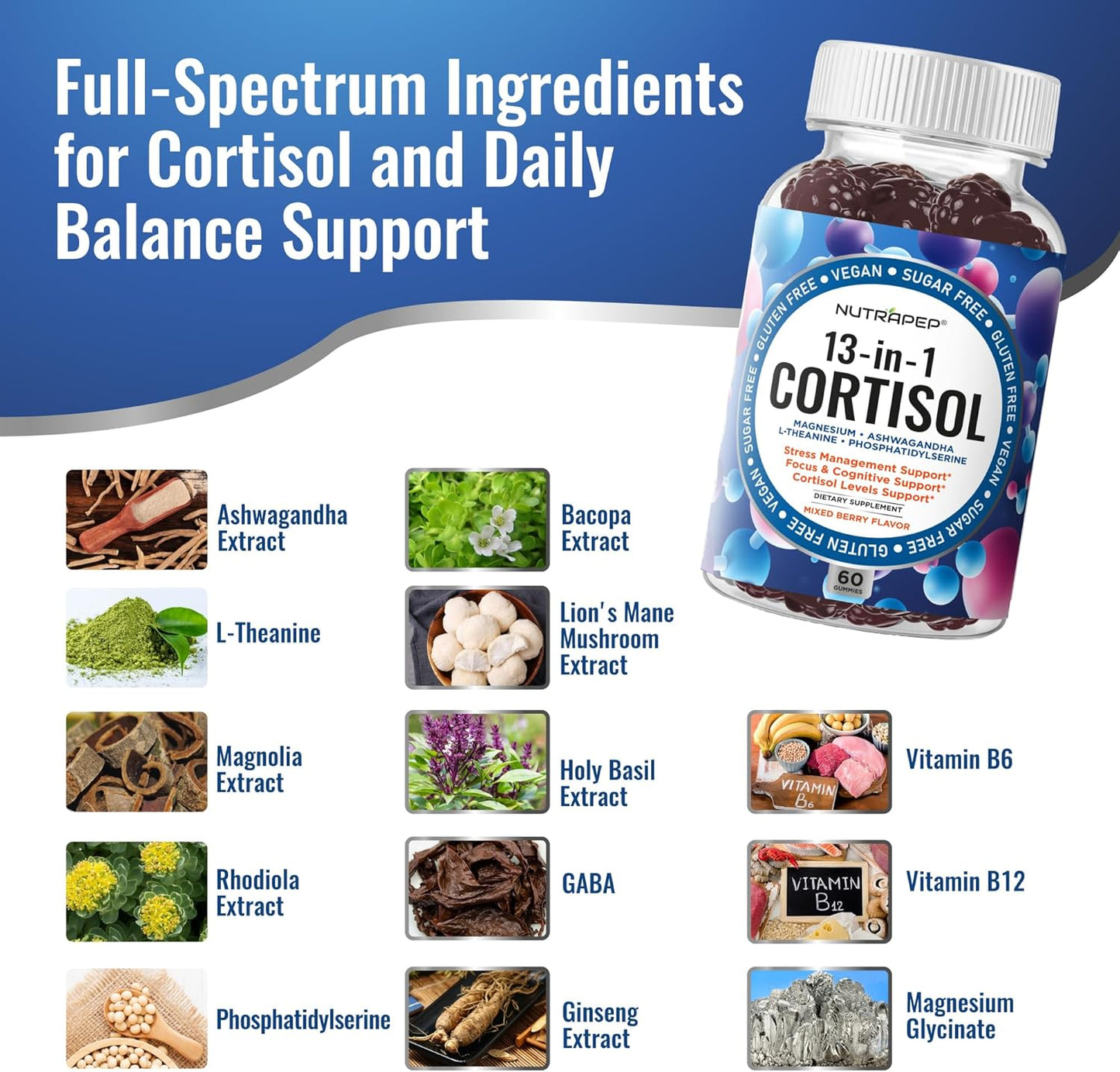 Cortisol Gummies for Women Men, 13-in-1 High Cortisol Reducer with Ashwagandha Magnesium L-theanine Rhodiola Rosea - Vegan Sugar Free, 60 Count