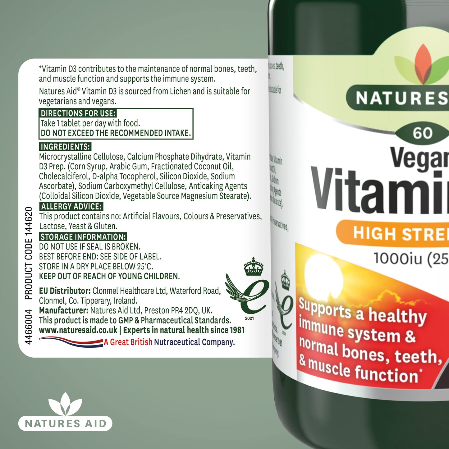 Natures Aid Vegan Vitamin D3 Tablets, 1000 iu, Count 60